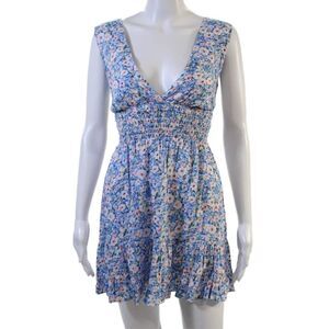 Designer Women Fit & Flare Sundress Blue Floral V-Neck Sleeveless Tie Size S